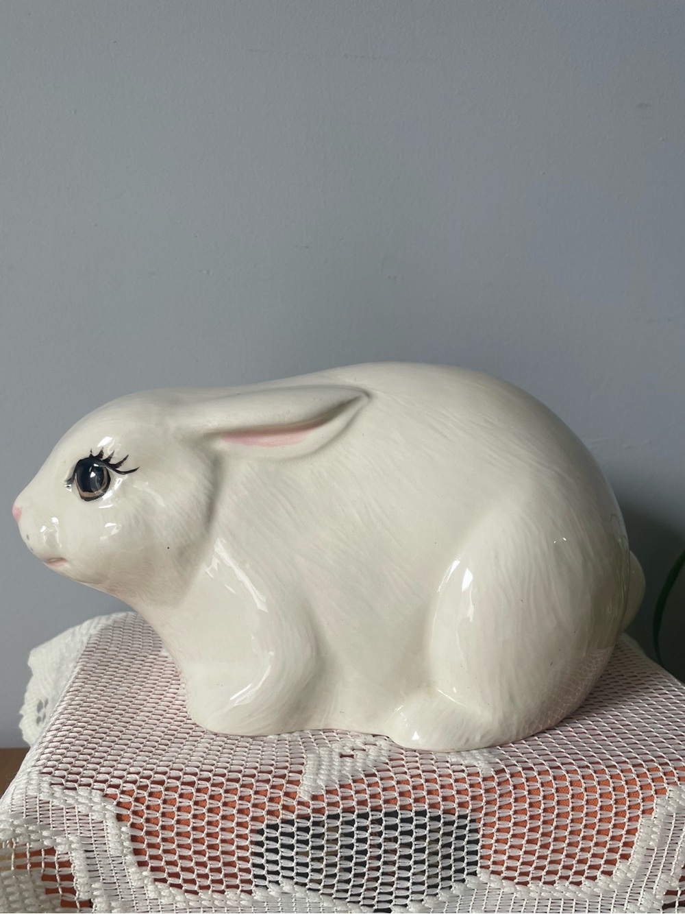 Vintage White Ceramic Bunny Rabbit Figurine with Hand-painted Details